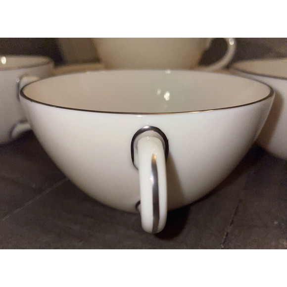 Olympia Platinum by Lenox Flat Cup & Saucer Set of 4 USA White w/ Silver Rim - Picture 5 of 10